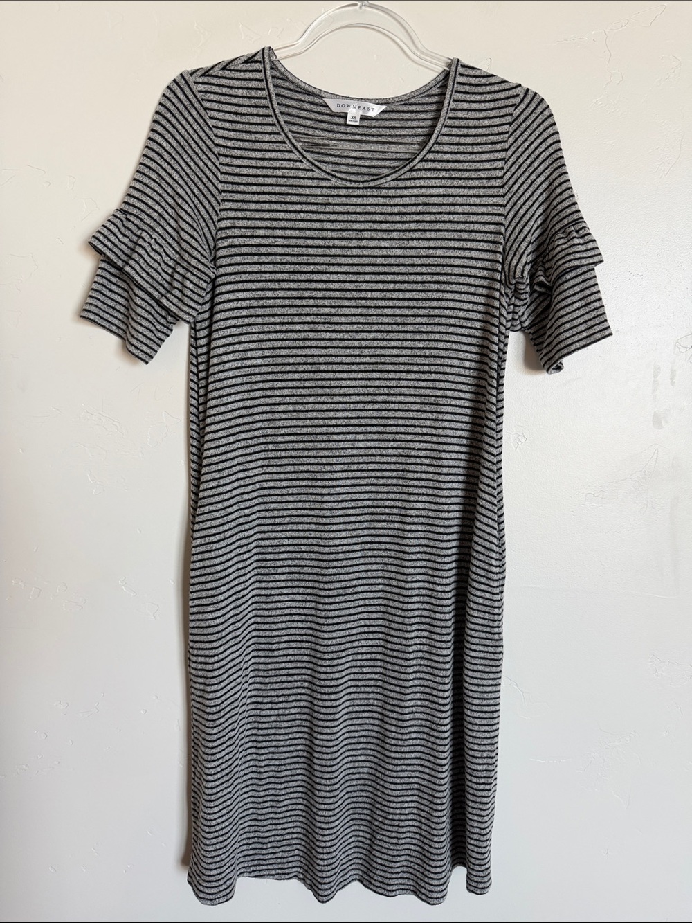 DownEast Black and Gray Striped Midi Dress with Flutter Sleeves